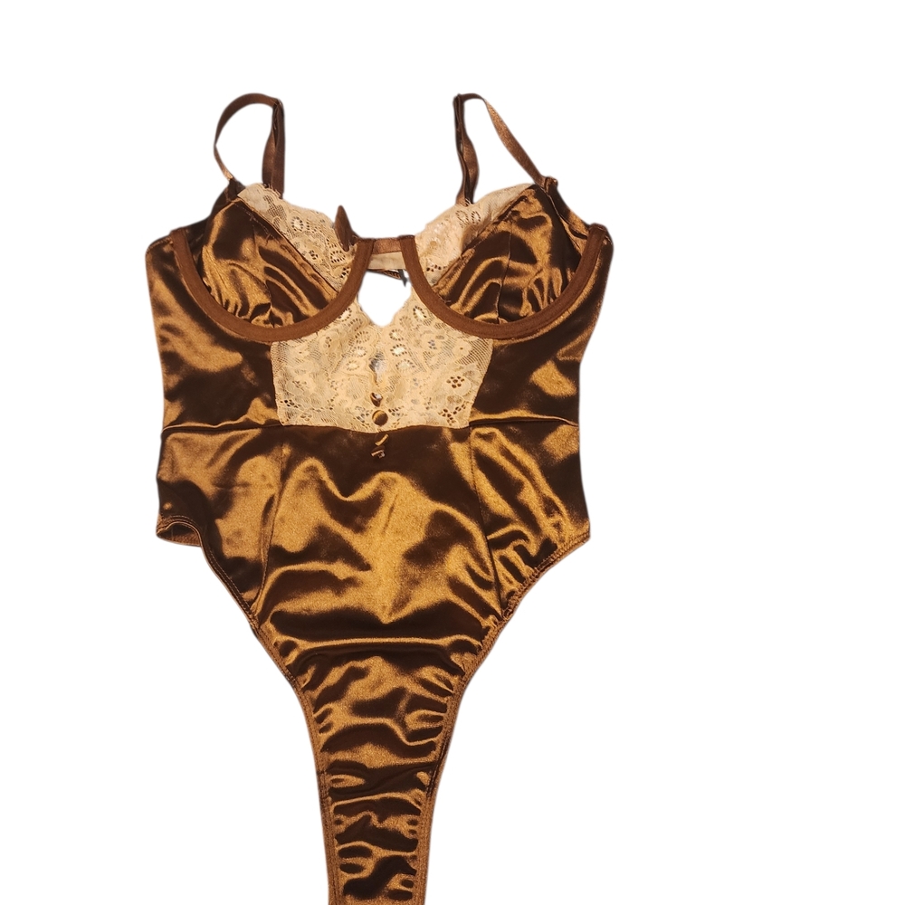 PrettyLittleThing Satin & Lace Brown Teddy Bodysuit